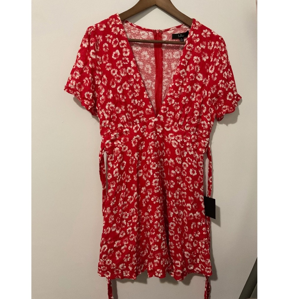Lulus Red White Floral Short Sleeve Mini Dress Size Large V-Neck Side Tie NWT